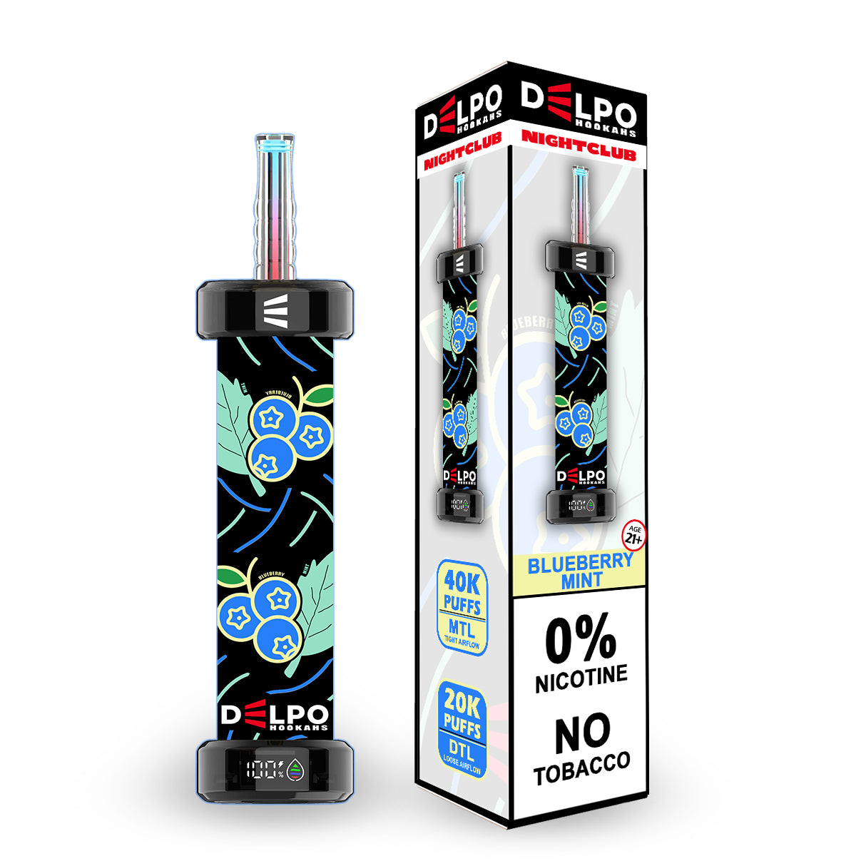 Delpo Hookahs Blueberry Mint 'Nightclub' 40K Puffs Healthy Vaping Alternative Blakk Smoke No Nicotine No Tobacco Disposable E-Hookah www.delpohookahs.com