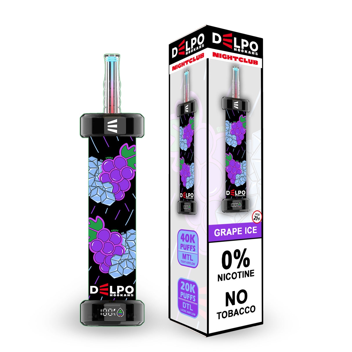 Delpo Hookahs Grape Ice 'Nightclub' 40K Puffs Healthy Vaping Alternative Blakk Smoke No Nicotine No Tobacco Disposable E-Hookah www.delpohookahs.com