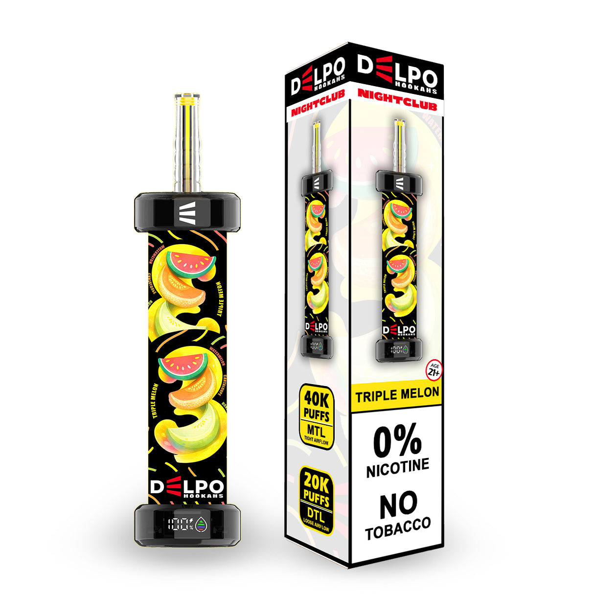 Delpo Hookahs Triple Melon 'Nightclub' 40K Puffs Healthy Vaping Alternative Blakk Smoke Hopo Hookah Portable Vape No Nicotine No Tobacco Disposable E-Hookah www.delpohookahs.com