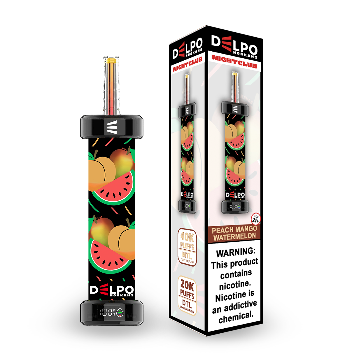 Delpo Hookahs 'Nightclub' 40K Puffs Peach Mango Watermelon Disposable E-Hookah www.delpohookahs.com