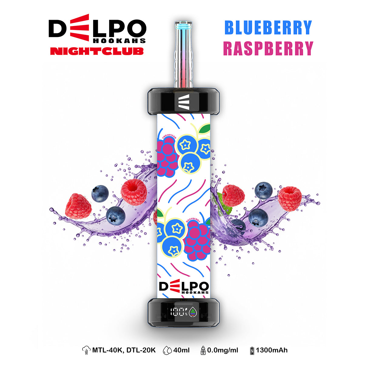 Delpo Hookahs 'Nightclub' 40K Puffs Nicotine-Free Blueberry Raspberry Disposable E-Hookah www.delpohookahs.com