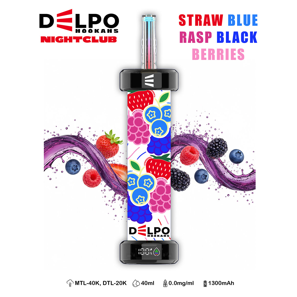 Delpo Hookahs Mixed Berries 'Nightclub' 40K Puffs Healthy Vaping Alternative Blakk Smoke No Nicotine No Tobacco Disposable E-Hookah www.delpohookahs.com