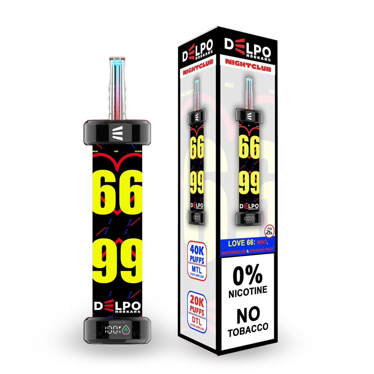Delpo Hookahs Love 66 'Nightclub' 40K Puffs Healthy Vaping Alternative Blakk Smoke No Nicotine No Tobacco Disposable E-Hookah www.delpohookahs.com