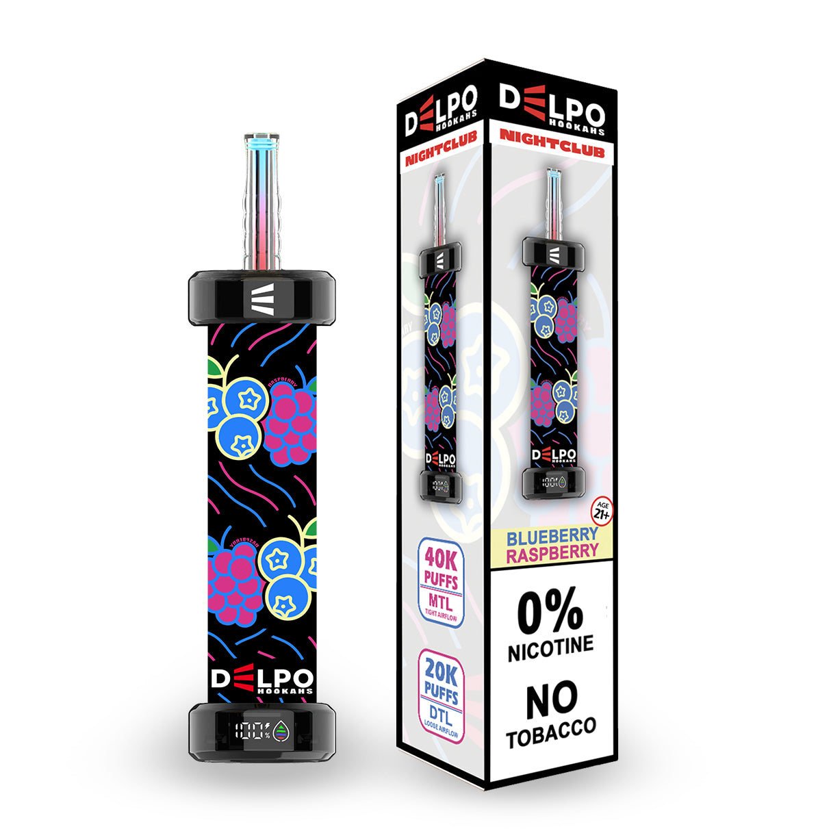 Delpo Hookahs Blueberry Raspberry 'Nightclub' 40K Puffs Healthy Vaping Alternative Blakk Smoke No Nicotine No Tobacco Disposable E-Hookah www.delpohookahs.com