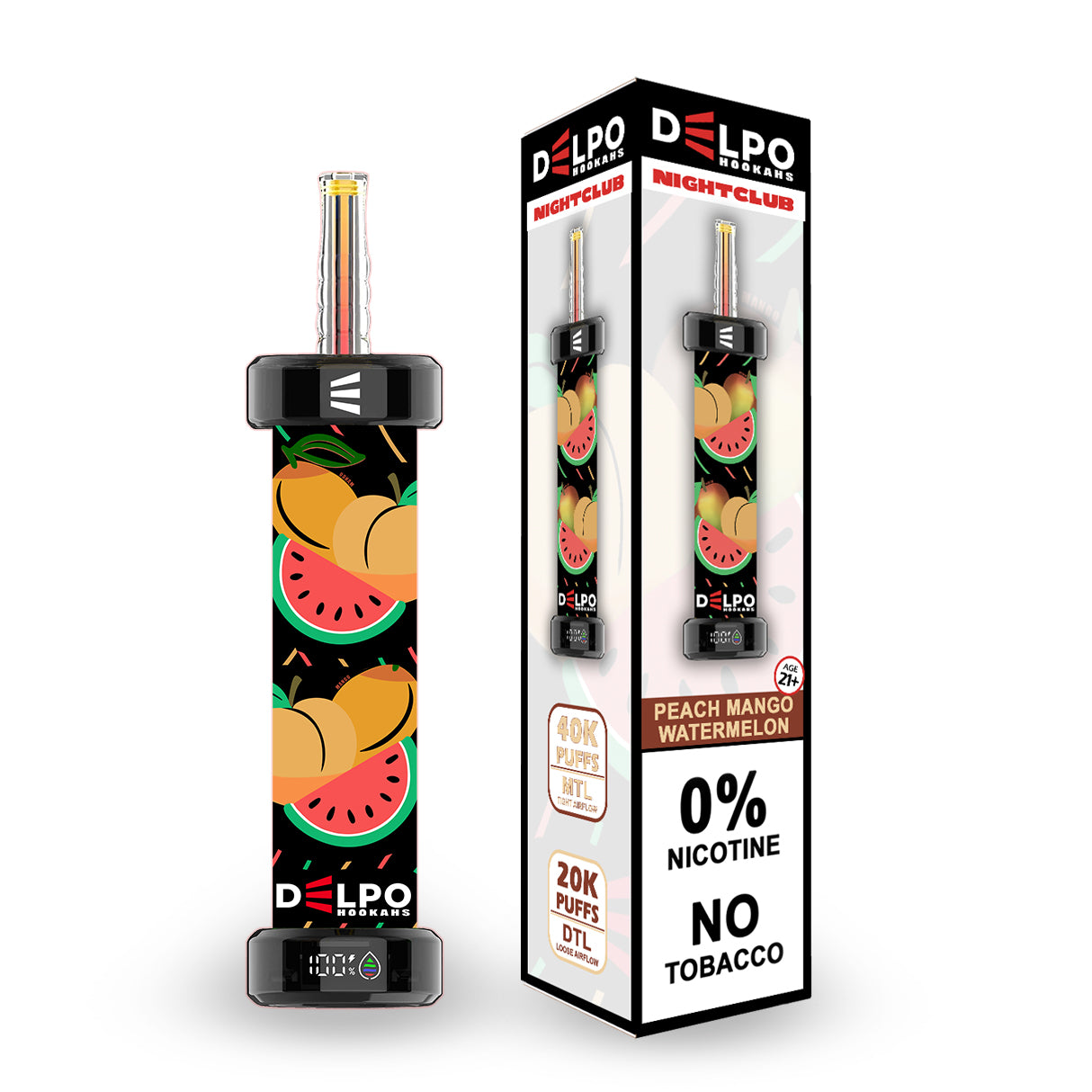 Delpo Hookahs Nicotine-Free Peach Mango Watermelon 'Nightclub' 40K Puffs Healthy Vaping Alternative Blakk Smoke No Nicotine No Tobacco Disposable E-Hookah www.delpohookahs.com
