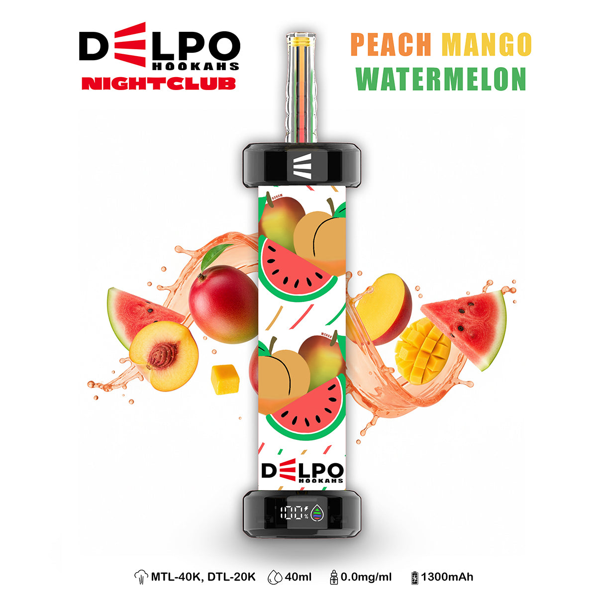 Delpo Hookahs 'Nightclub' 40K Puffs Nicotine-Free Peach Mango Watermelon Disposable E-Hookah www.delpohookahs.com